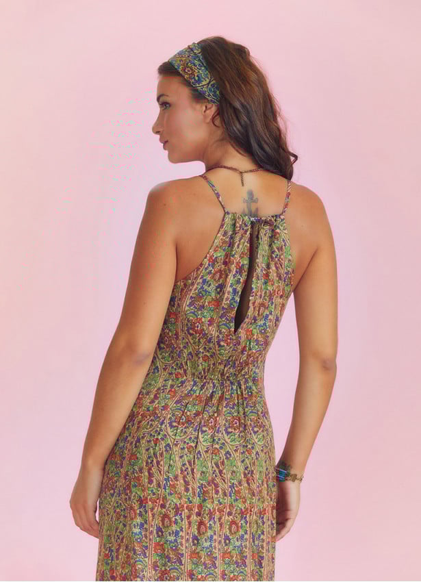 Ethnic Print Back Decollete Slit-Neck Green Dress