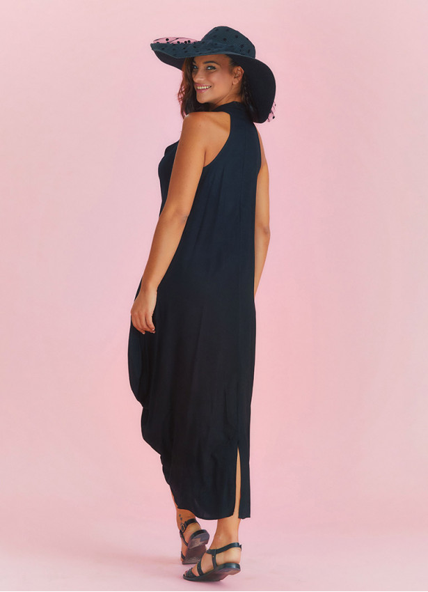 Bohemian Stylish Authentic Degaje Neck Black Dress