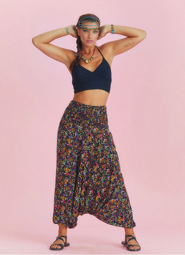 Black Patterned Gipe Waist Detail Bohemian Shalwar Trousers