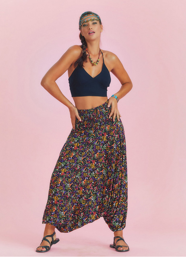Black Patterned Gipe Waist Detail Bohemian Shalwar Trousers