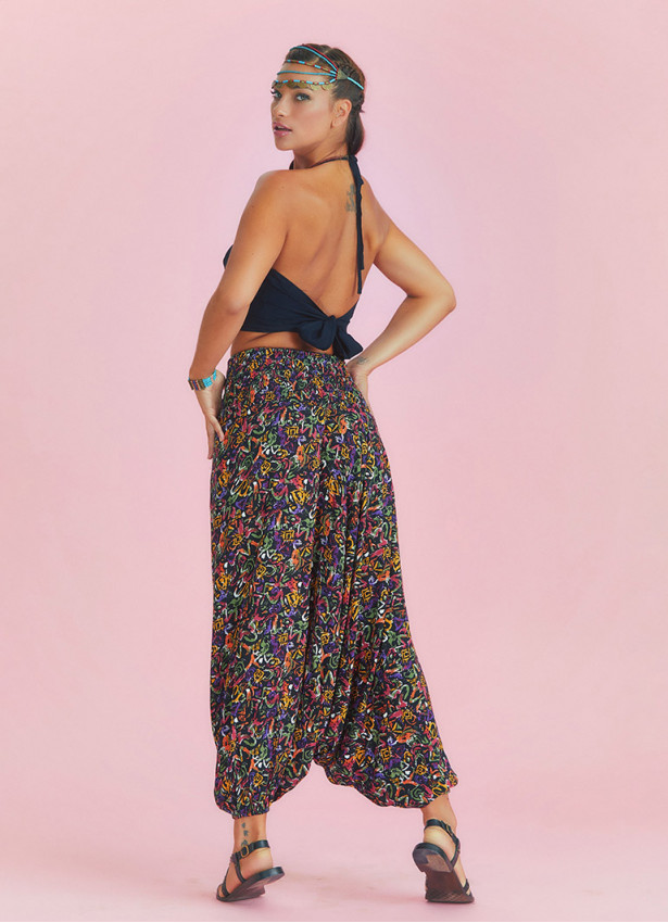 Black Patterned Gipe Waist Detail Bohemian Shalwar Trousers