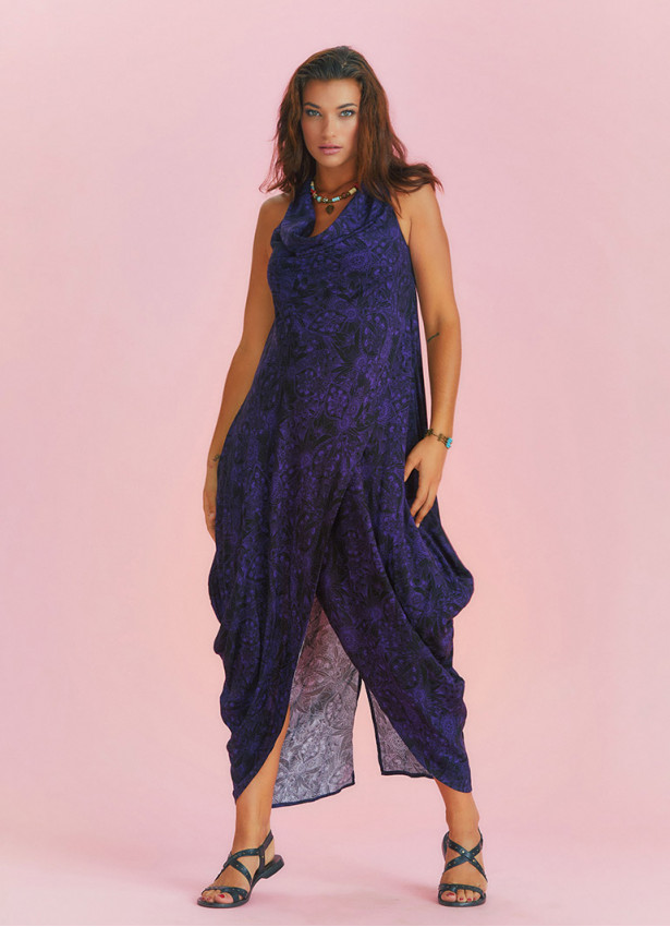 Bohemian Stylish Authentic Degaje Neck Purple Patterned Dress