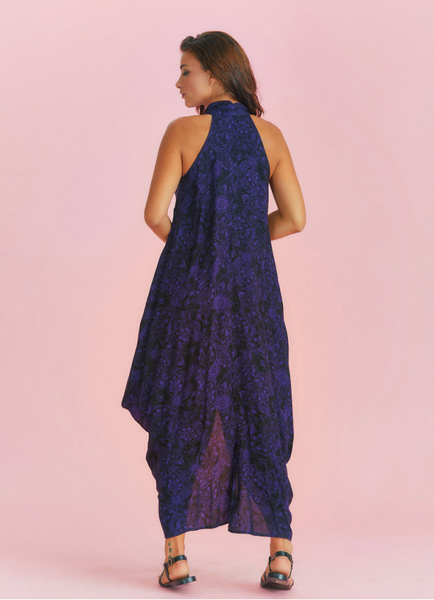 Bohemian Stylish Authentic Degaje Neck Purple Patterned Dress