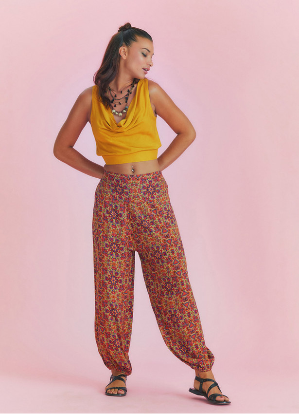 Red Patterned Elastic Waist and Hem Mid Rise Harem Pants