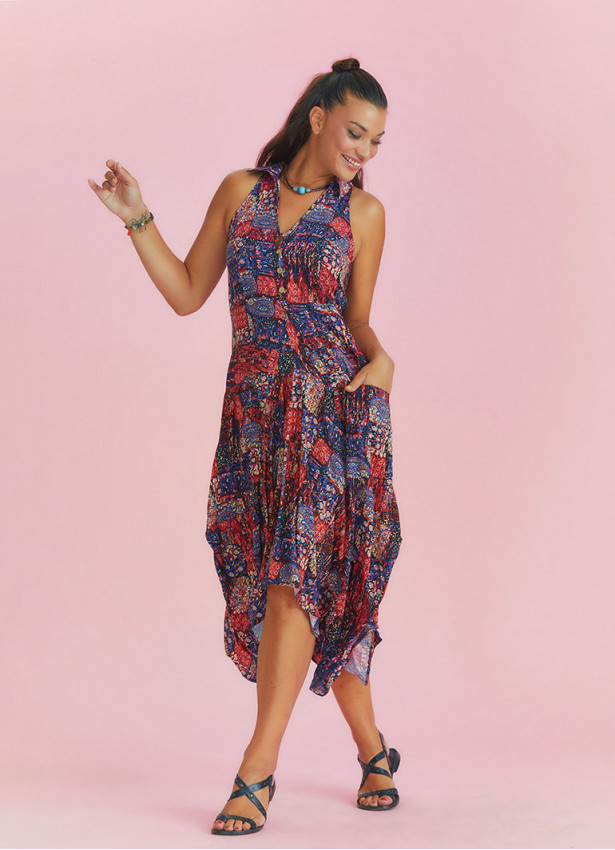 Red Patterned Shirt Collar Bohemian Dress