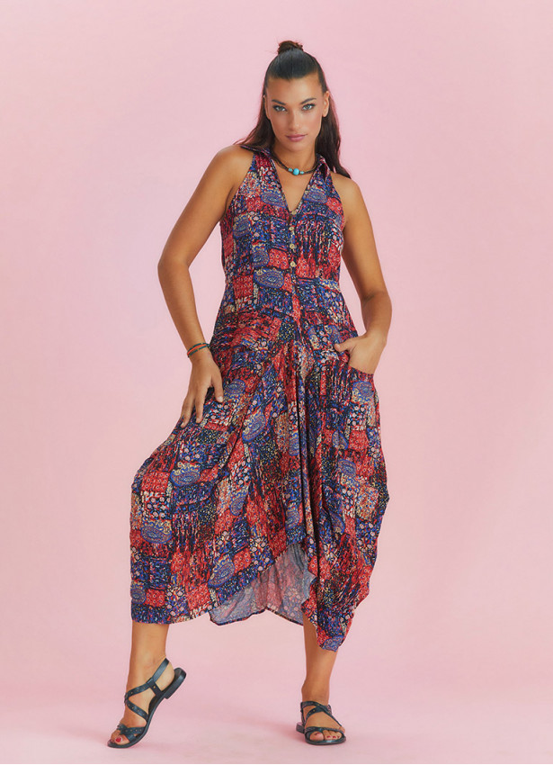 Red Patterned Shirt Collar Bohemian Dress