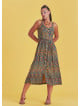 Bohemian Style Buttoned Wide Strap Long Petrol Patterned Dress