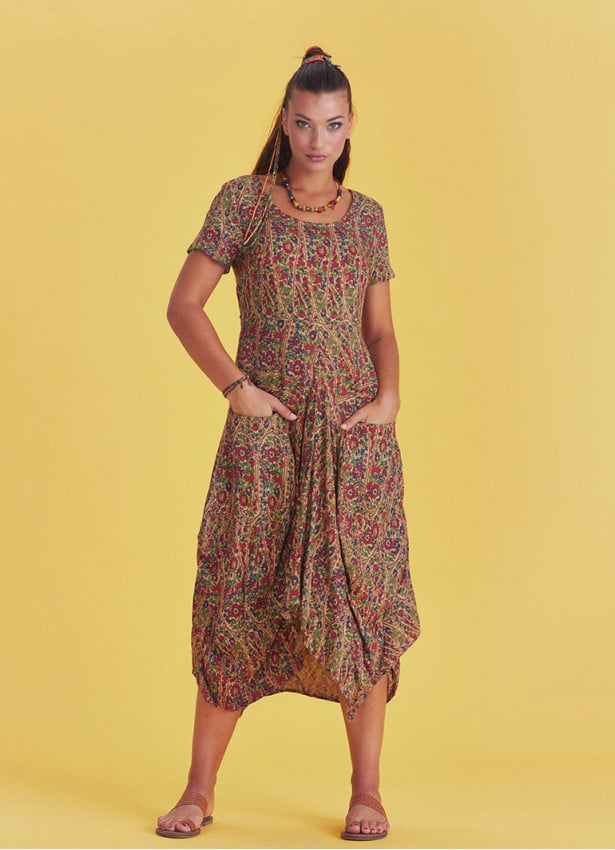 Authentic Pool Neck Half Sleeve Claret Red Patterned Long Dress