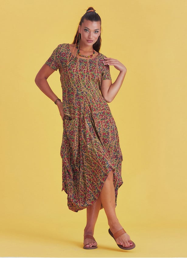 Authentic Pool Neck Half Sleeve Claret Red Patterned Long Dress