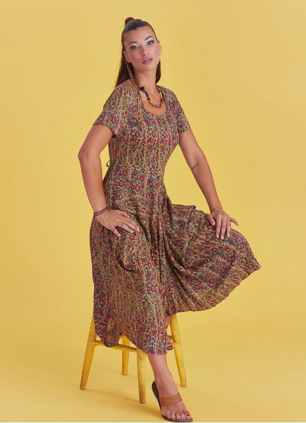Authentic Pool Neck Half Sleeve Claret Red Patterned Long Dress