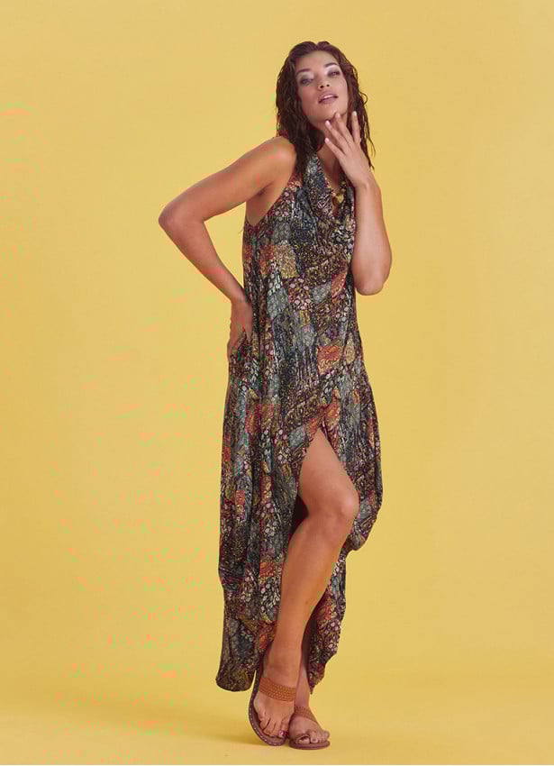 Bohemian Stylish Authentic Degaje Neck Khaki Patterned Dress