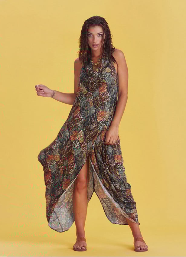 Bohemian Stylish Authentic Degaje Neck Khaki Patterned Dress
