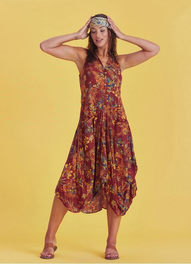 Flower Shirt Collar Long Boho Dress