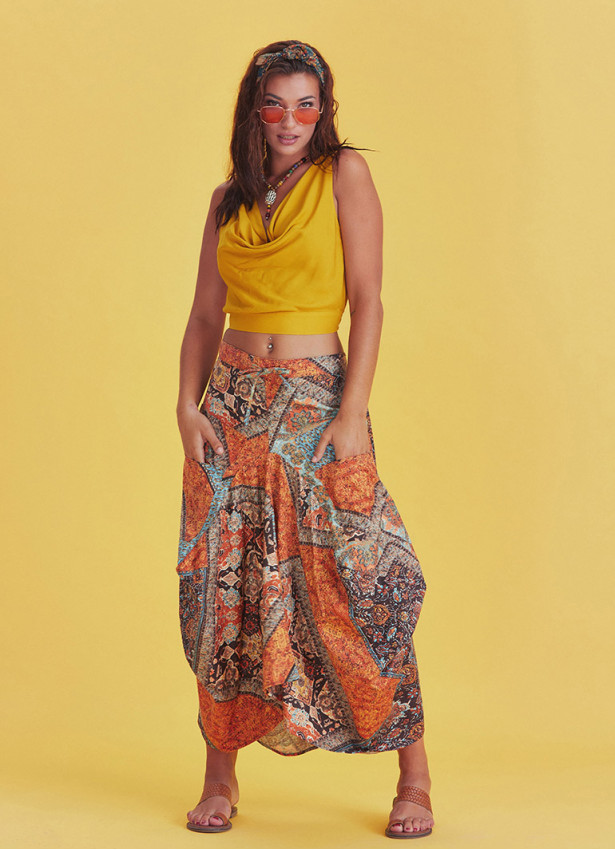 Gypsy Style Elastic Waist Oversize Pockets Wholesale Patterned Skirt