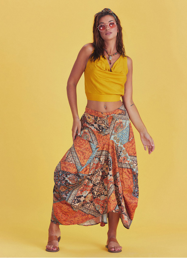 Gypsy Style Elastic Waist Oversize Pockets Wholesale Patterned Skirt