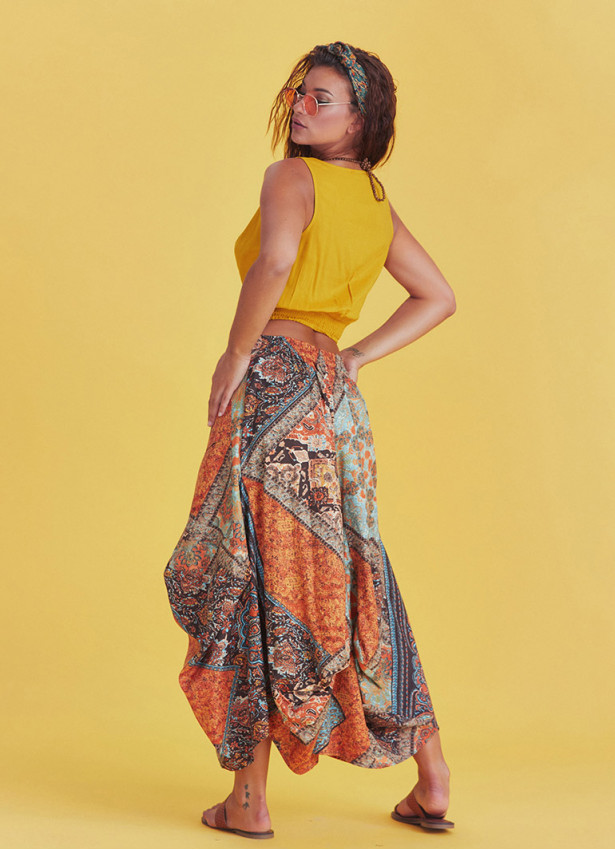 Gypsy Style Elastic Waist Oversize Pockets Wholesale Patterned Skirt