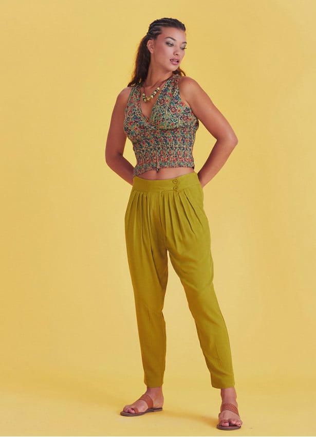 Boho Casual Drop Crotch Olive Pleated Pants