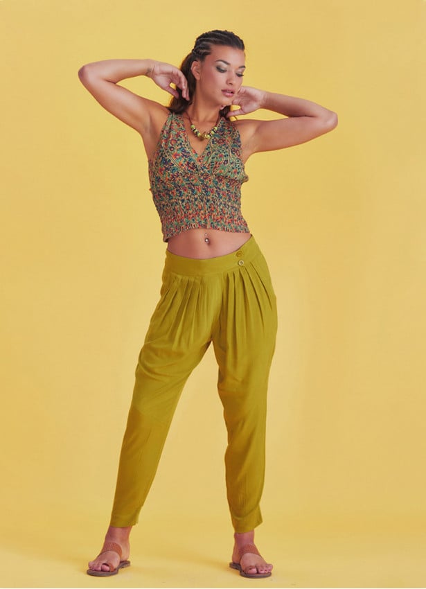 Boho Casual Drop Crotch Olive Pleated Pants