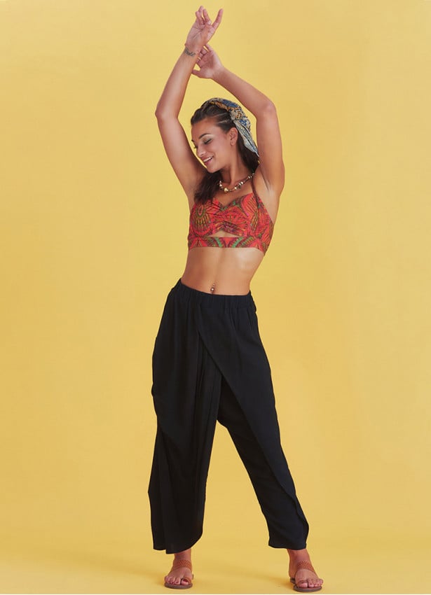 Wrap Front Loose Fit Boho Summer Black Pants