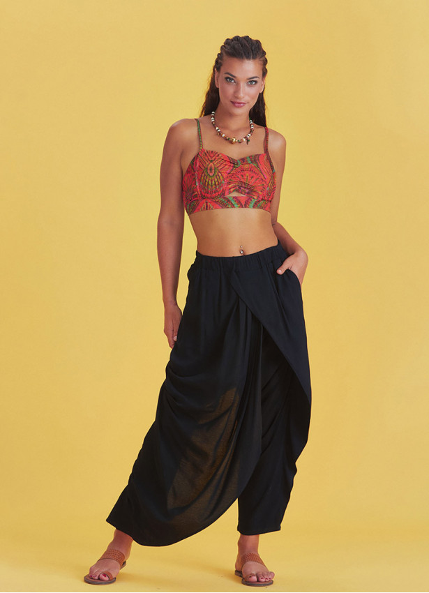 Wrap Front Loose Fit Boho Summer Black Pants