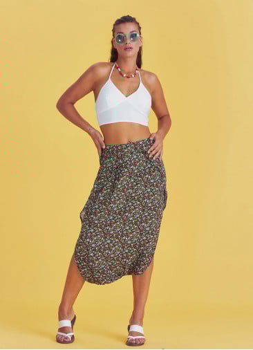 Ethnic Print Elastic Waist Red Flowering Capri Skirt Pants