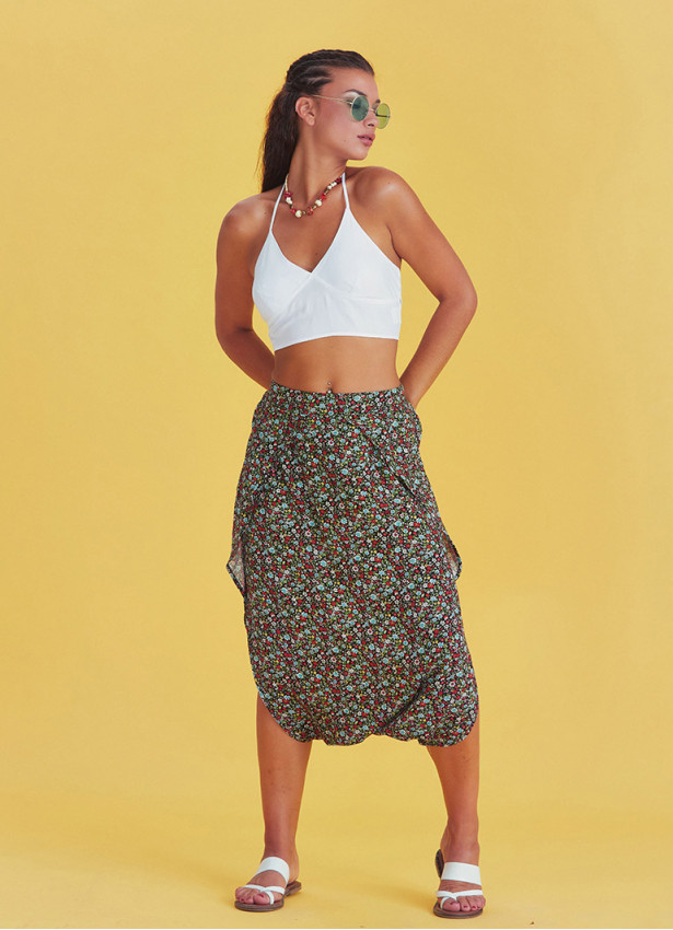 Ethnic Print Elastic Waist Red Flowering Capri Skirt Pants