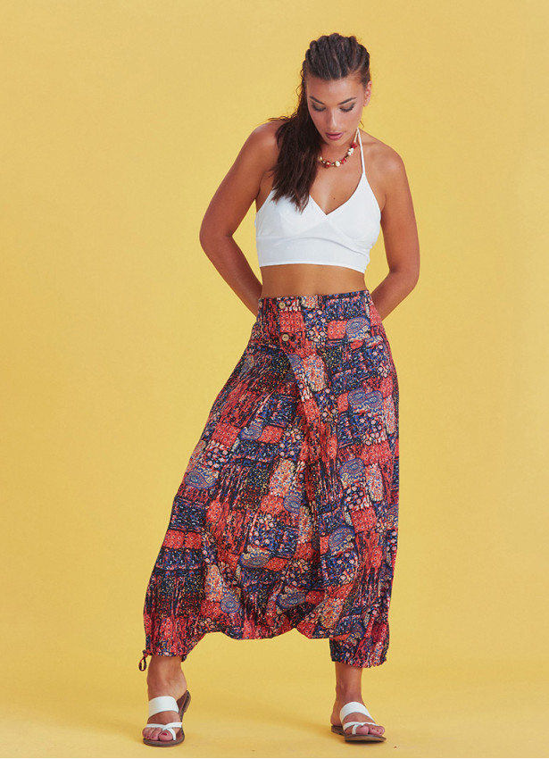 Red Print Adjustable Hem Wraped Harem Pants