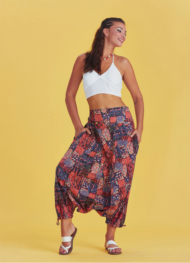 Red Print Adjustable Hem Wraped Harem Pants