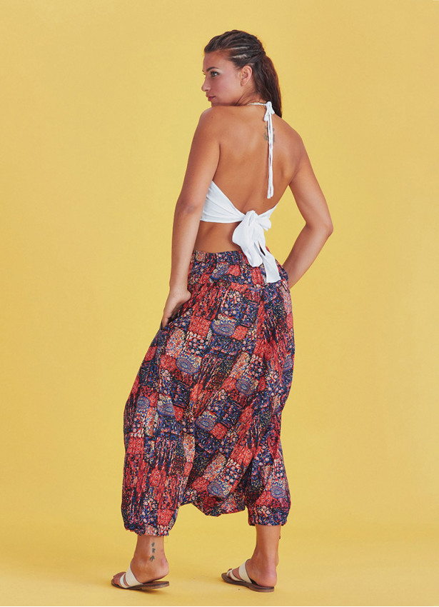 Red Print Adjustable Hem Wraped Harem Pants