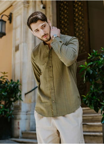 Long Sleeve Khaki Striped Men's Cotton Shirt