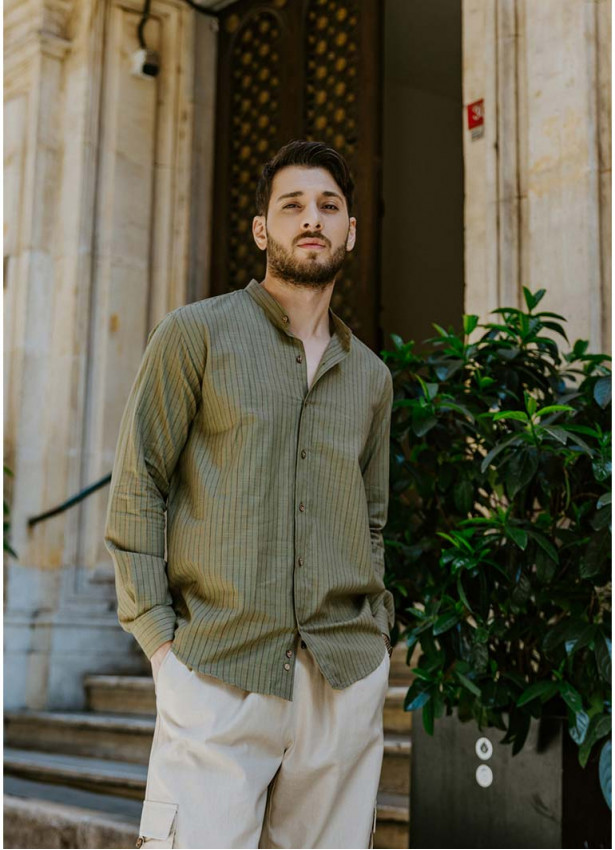 Long Sleeve Khaki Striped Men's Cotton Shirt