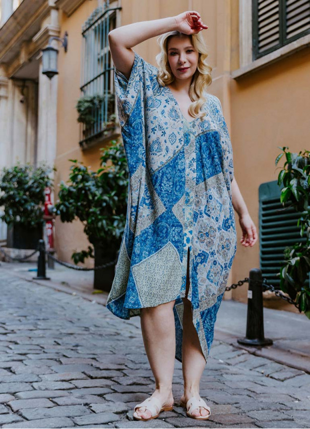 Blue Print Bohemian Style V Neck Cold Shoulder Plus Size Dress