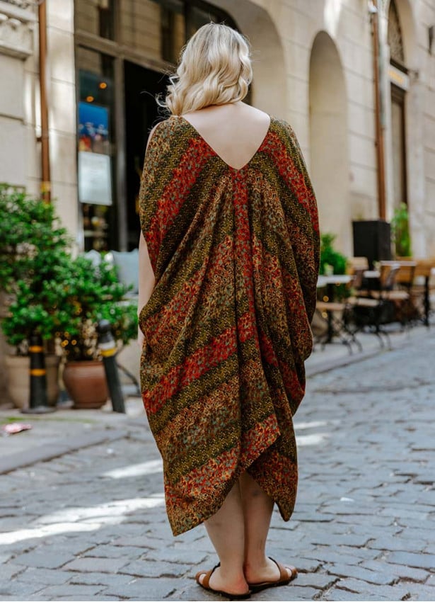 Mustard Print Bohemian Style V Neck Cold Shoulder Plus Size Dress