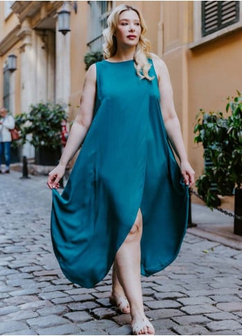 Sleeveless Front Layered Blue Baggy Plus Size Dress