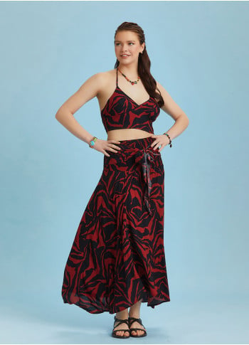 Shabby Red Patterned Asymmetric Skirt