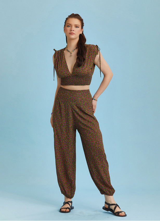 Floral Patterned Elastic Waist and Hem Mid Rise Harem Pants