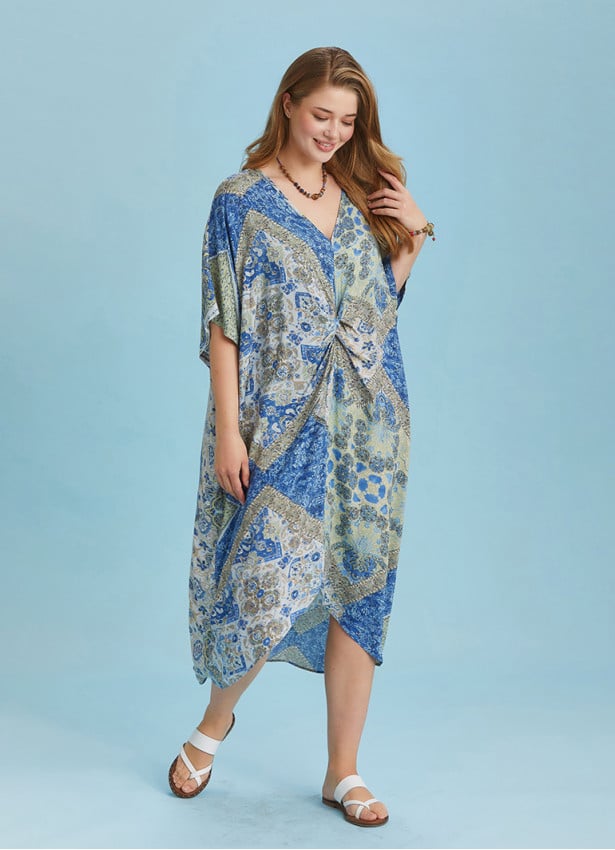 Twist Front Loose Blue Bat Wing Plus Size Dress