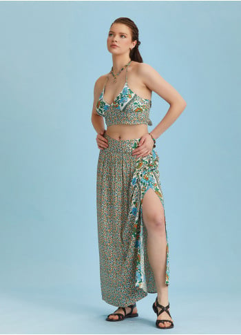 Floral Print Elastic Waist Side Slit Long Boho Skirt