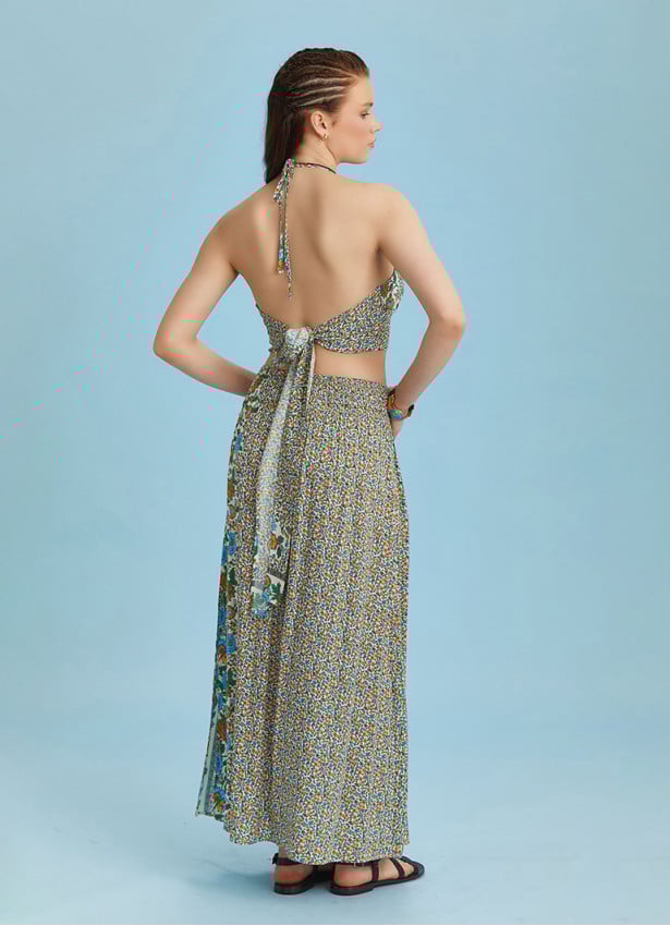 Floral Print Elastic Waist Side Slit Long Boho Skirt
