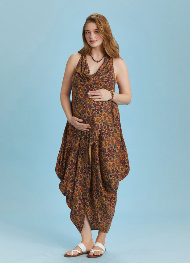 Bohemian Stylish Authentic Degaje Neck Patterned Maternity Dress