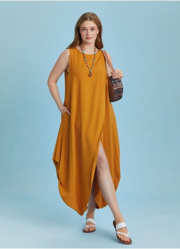Sleeveless Front Layered Yellow Baggy Plus Size Dress