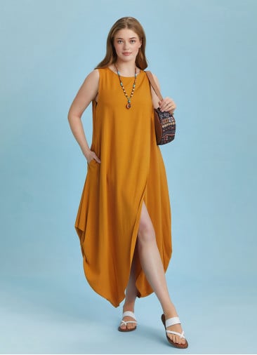 Sleeveless Front Layered Yellow Baggy Plus Size Dress