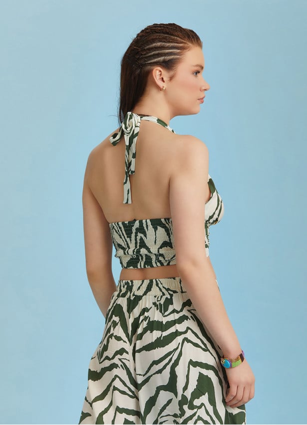 Boho Chic Shirred Neck Halter Crop Top