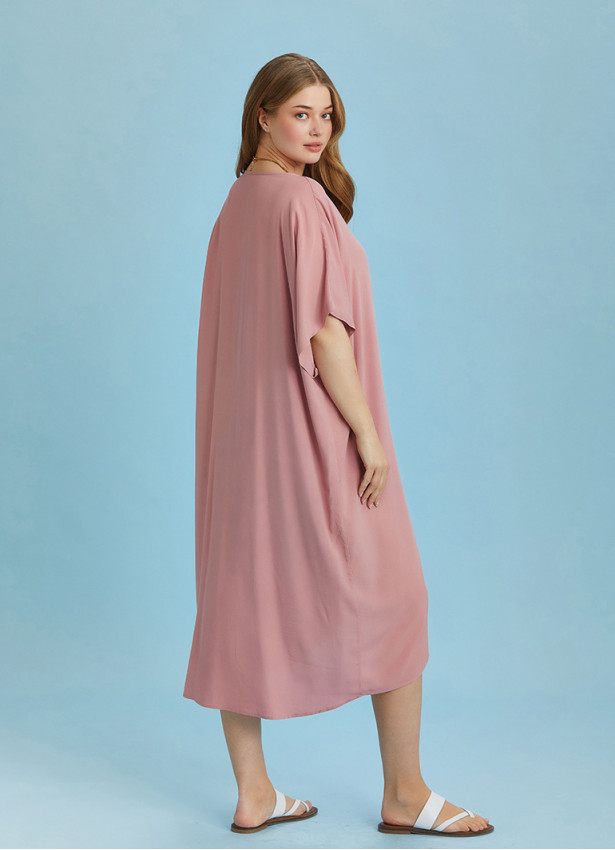 Twist Front Loose Pink Bat Wing Plus Size Dress