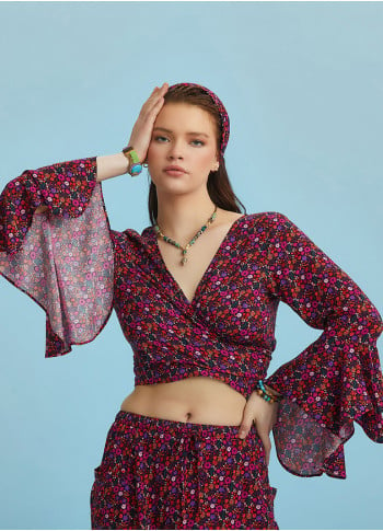 Flowers Patterned Gypsy Style Bell Sleeve Crop Top
