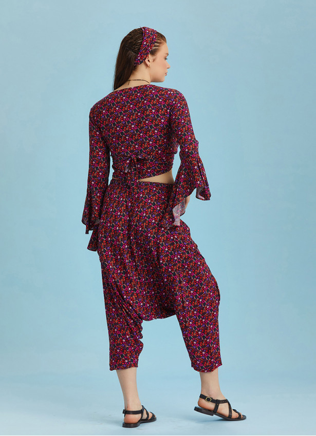 Flowers Patterned Gypsy Style Bell Sleeve Crop Top