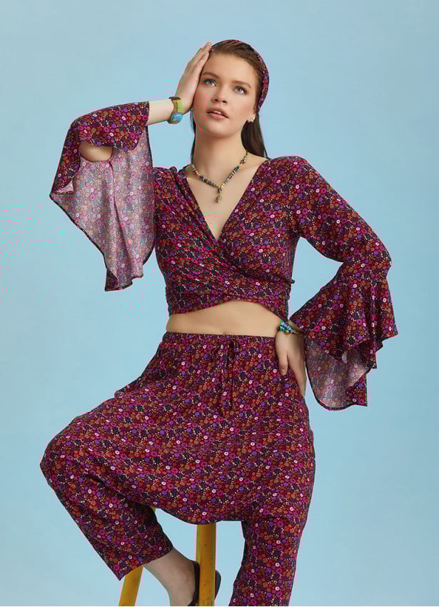 Flowers Patterned Gypsy Style Bell Sleeve Crop Top