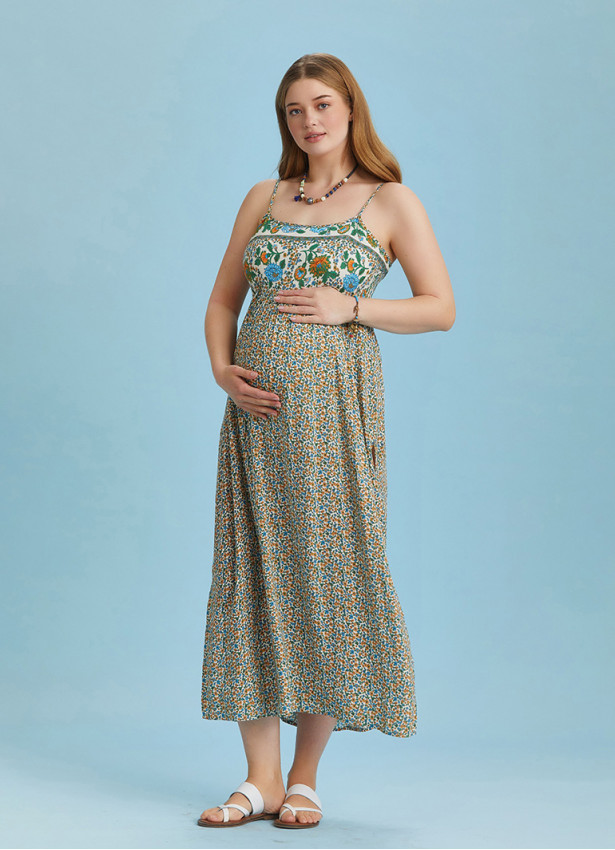 Strappy Button Back Floral Slit Maternity Dress