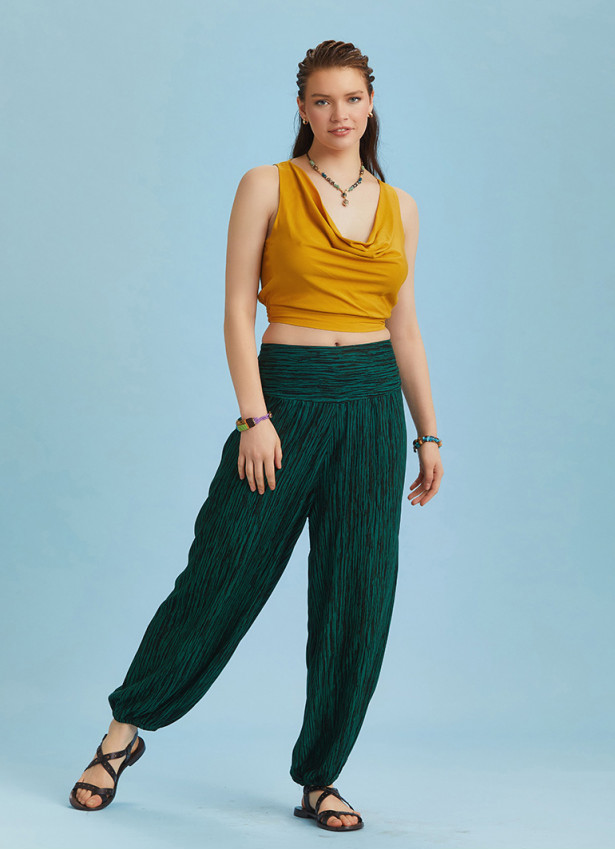 Green Patterned Elastic Waist and Hem Mid Rise Harem Pants
