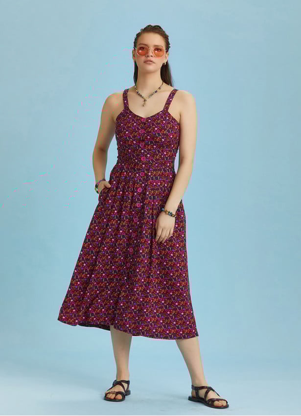 Bohemian Style Buttoned Wide Strap Long Flowers Patterned Dress